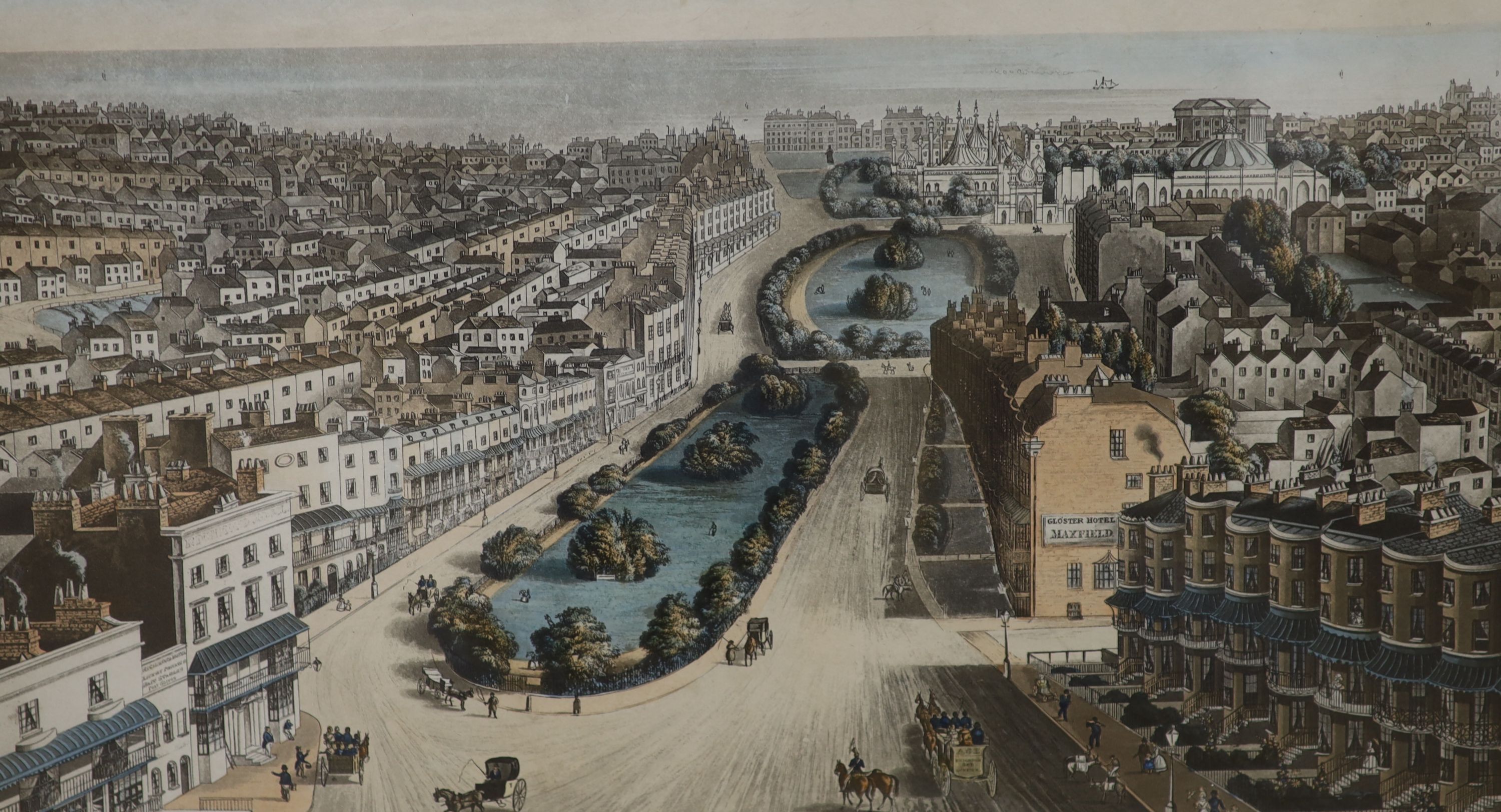 John Bruce 1839, coloured aquatint, 'A Birds Eye View of Brighton', 29 x 41cm, a coloured lithograph, 'The Inundation of Pool Valley